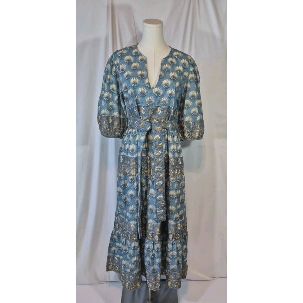 Victoria Dunn Bermuda Blossom Blue Green Floral Cotton Midi Dress Large - Picture 2 of 12